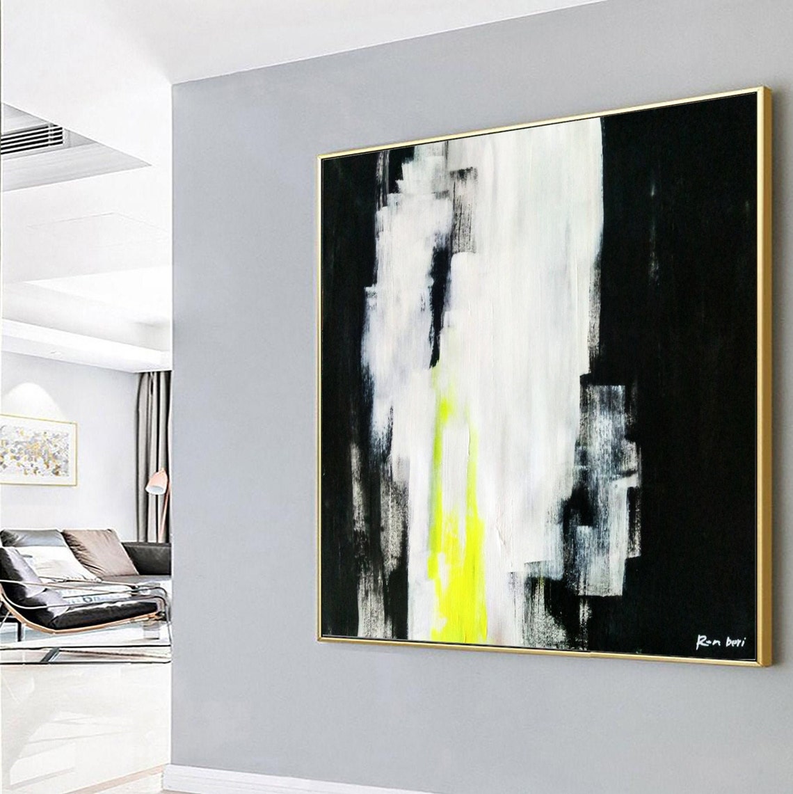 Neon Lime Green Streak on Black White Moody Abstract Art Print - Image 3