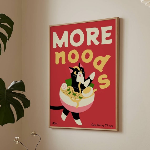 Ramen Cat Japanese Food Art Print, Cute Tuxedo Cat