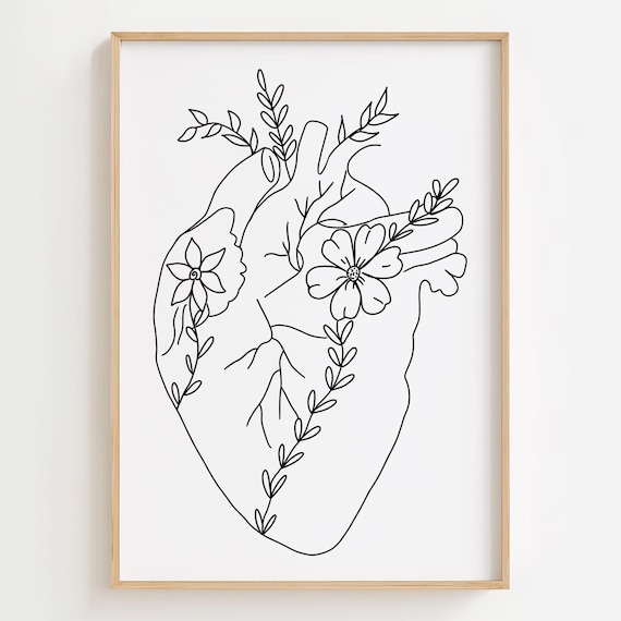 Floral Heart Anatomy Line Art Print, Minimalist