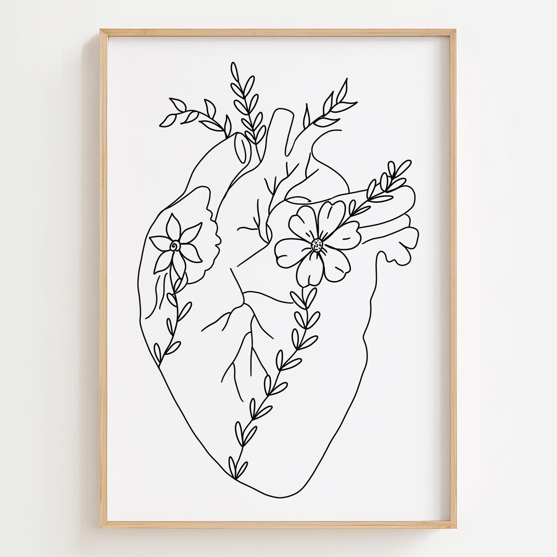 Floral Heart Anatomy Line Art Print, Minimalist