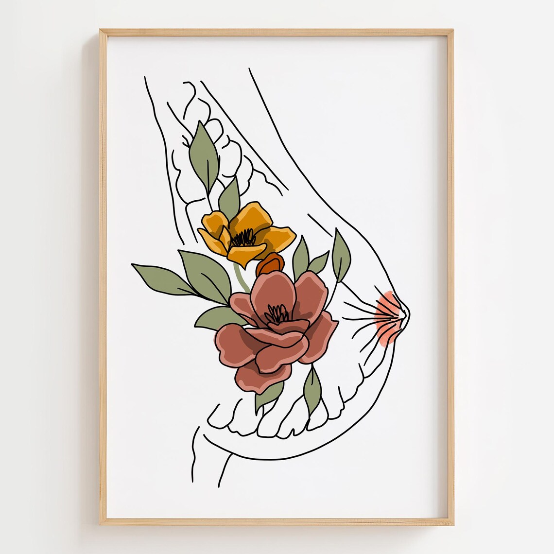 Floral Breast Anatomy Art Print, Cancer Awareness