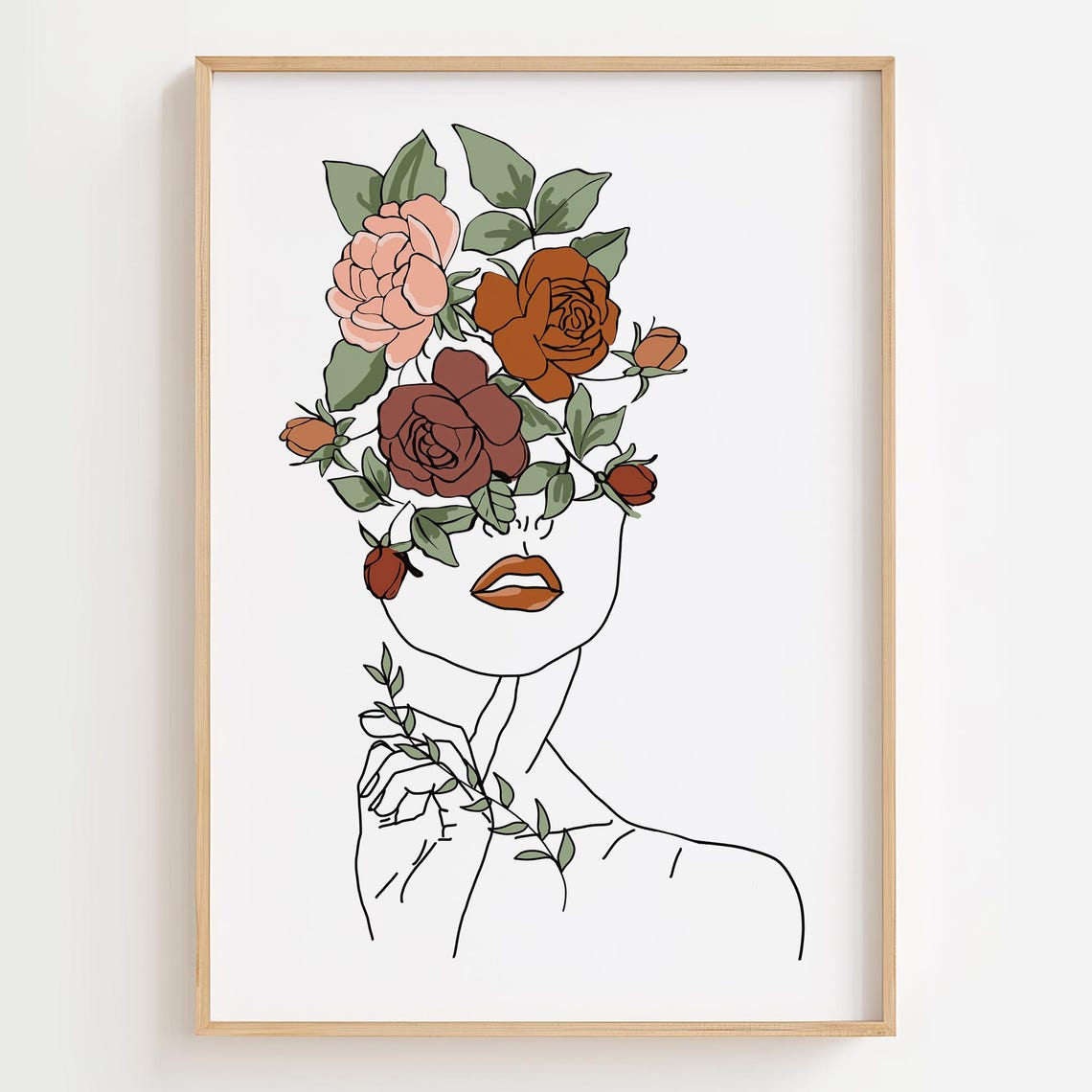 Floral Woman Warm Colorful Rose Bloom Minimalist Line Art Poster