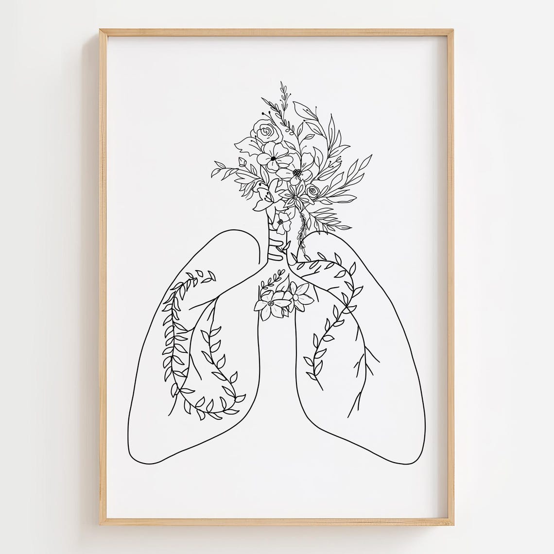 Floral Lungs Minimalist Black Line Art Medical Anatomy Wall Poster
