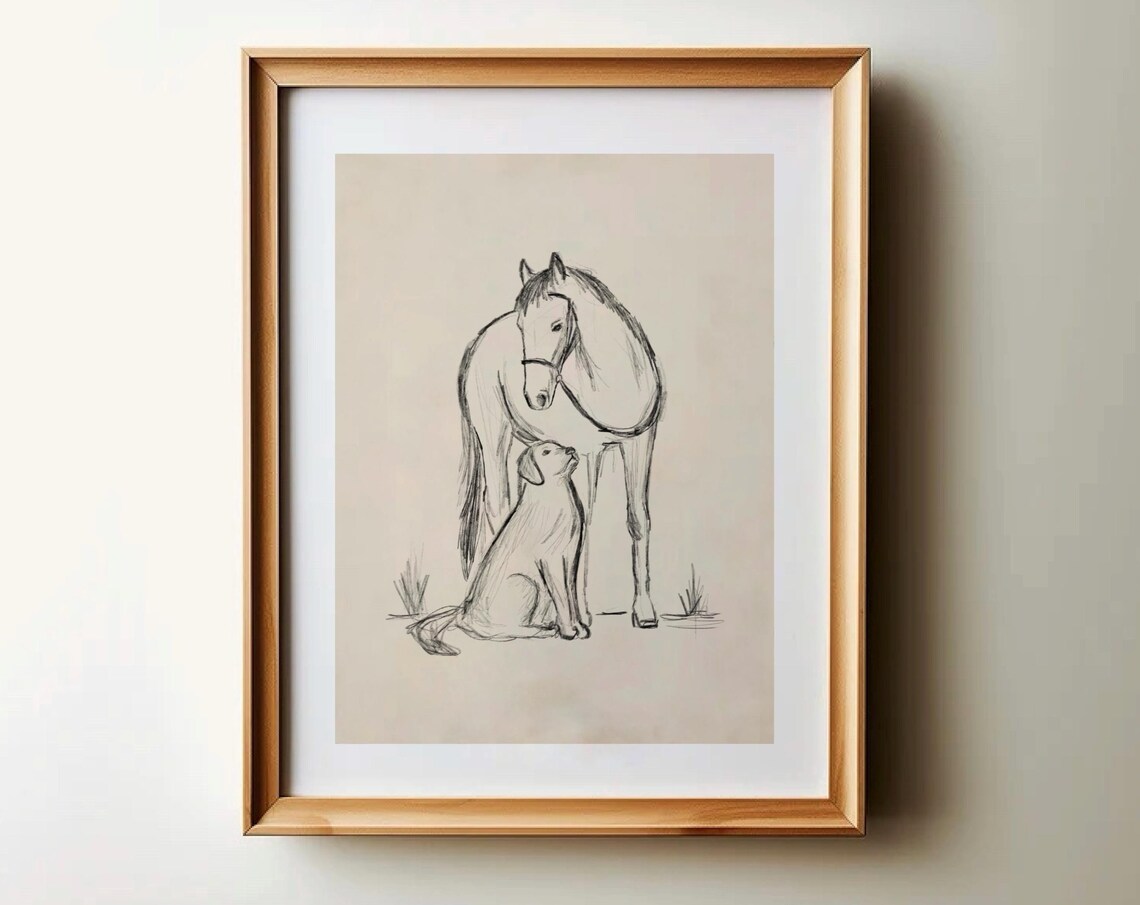 Horse And Dog Pencil Sketch Vintage Equestrian Animal Art Poster