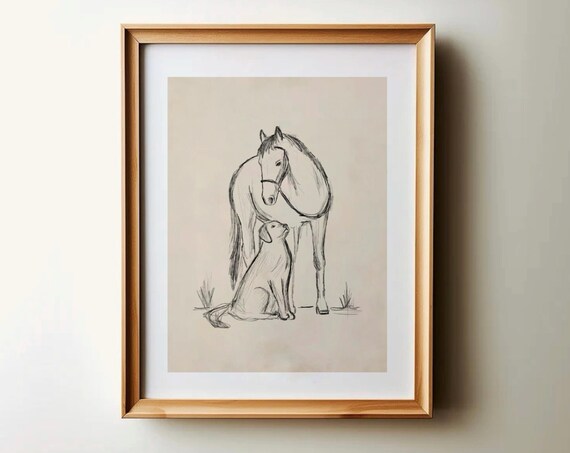 Horse And Dog Pencil Sketch Vintage Equestrian Animal Art Poster