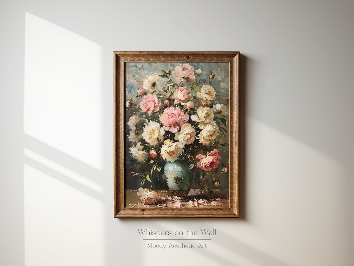 Pink Peonies in Turquoise Vase Vintage Floral Painting Poster - Image 6