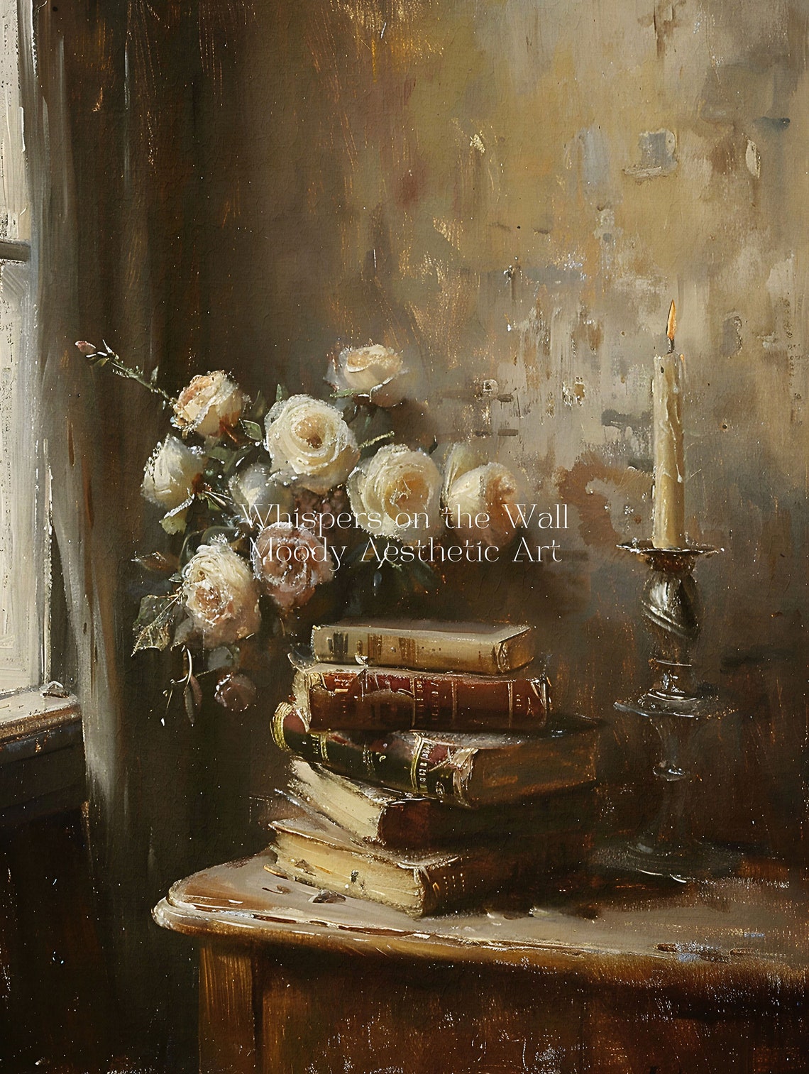 Books Roses and Candlelight Moody Vertical Still Life Poster - Image 5