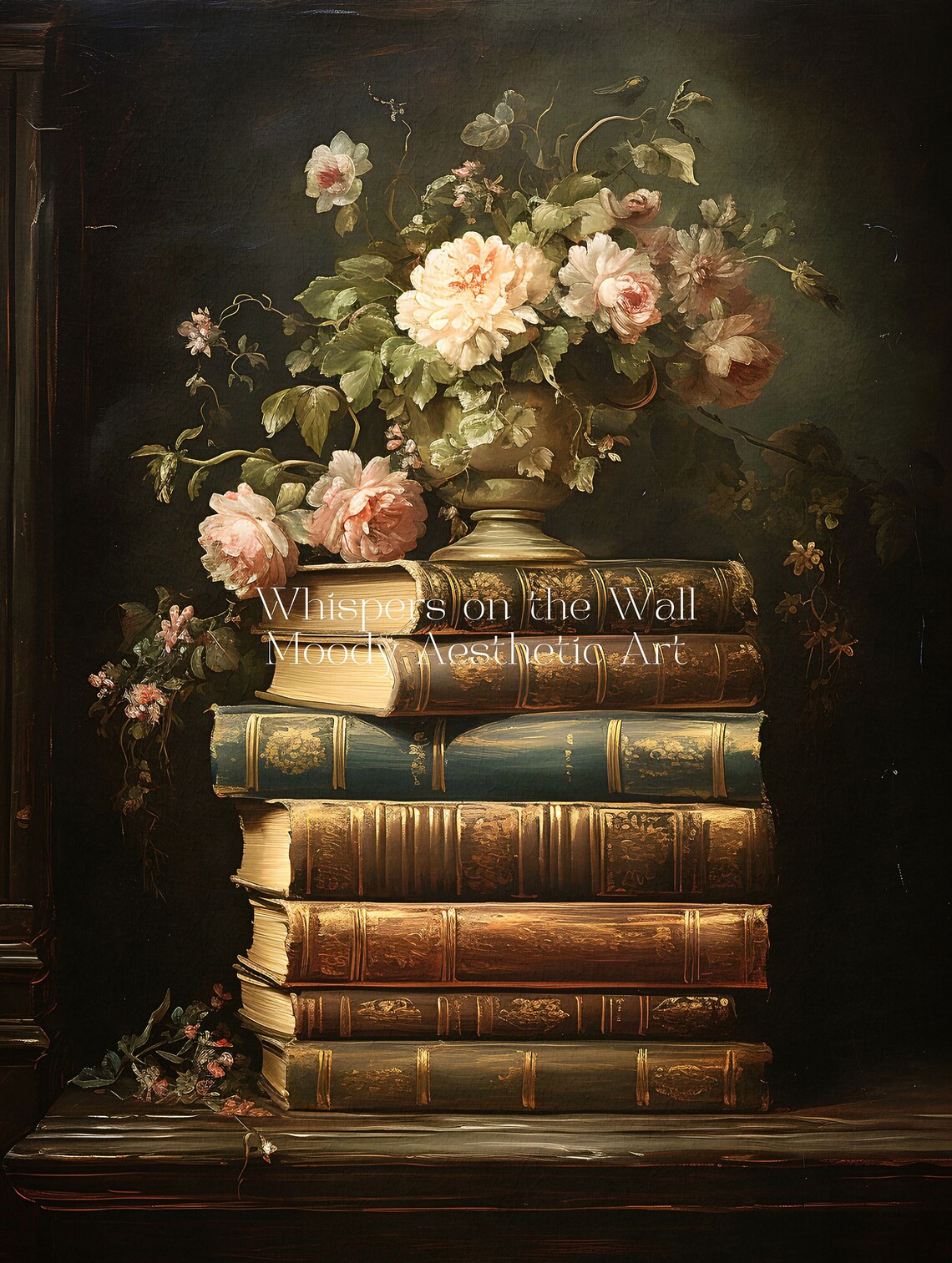 Moody Dark Academia Stacked Books With Blush Roses Vintage Still Life Poster - Image 4
