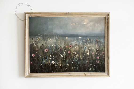 Misty Wildflower Meadow Under Grey Sky Moody Landscape Painting Poster