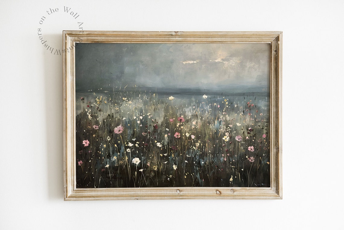 Misty Wildflower Meadow Under Grey Sky Moody Landscape Painting Poster