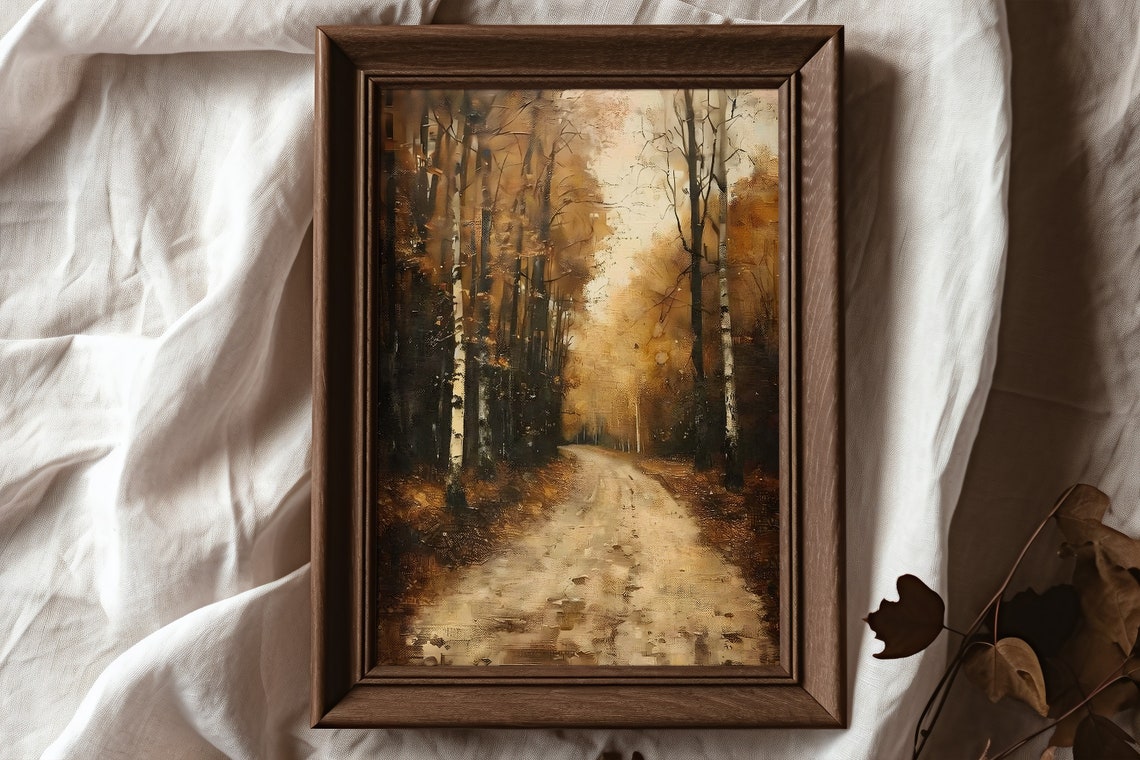 Autumn Birch Forest Golden Road Vintage Fall Landscape Oil Poster