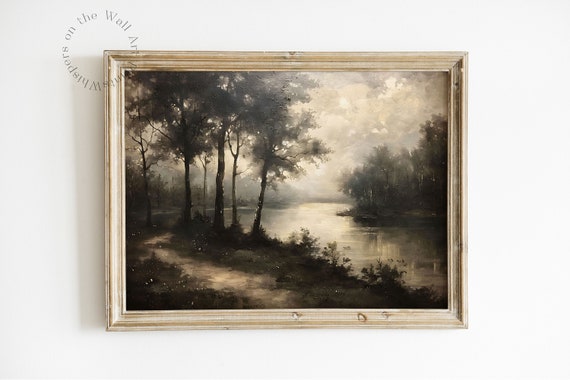Rivers Edge Moody Art Print Dark Academia Decor Landscape Painting Forest Wall Art Nature Art