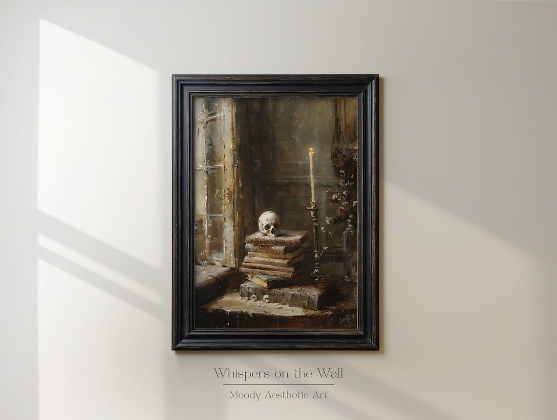 Skull on Stack of Old Books with Candle Gothic Painting Poster - Image 2