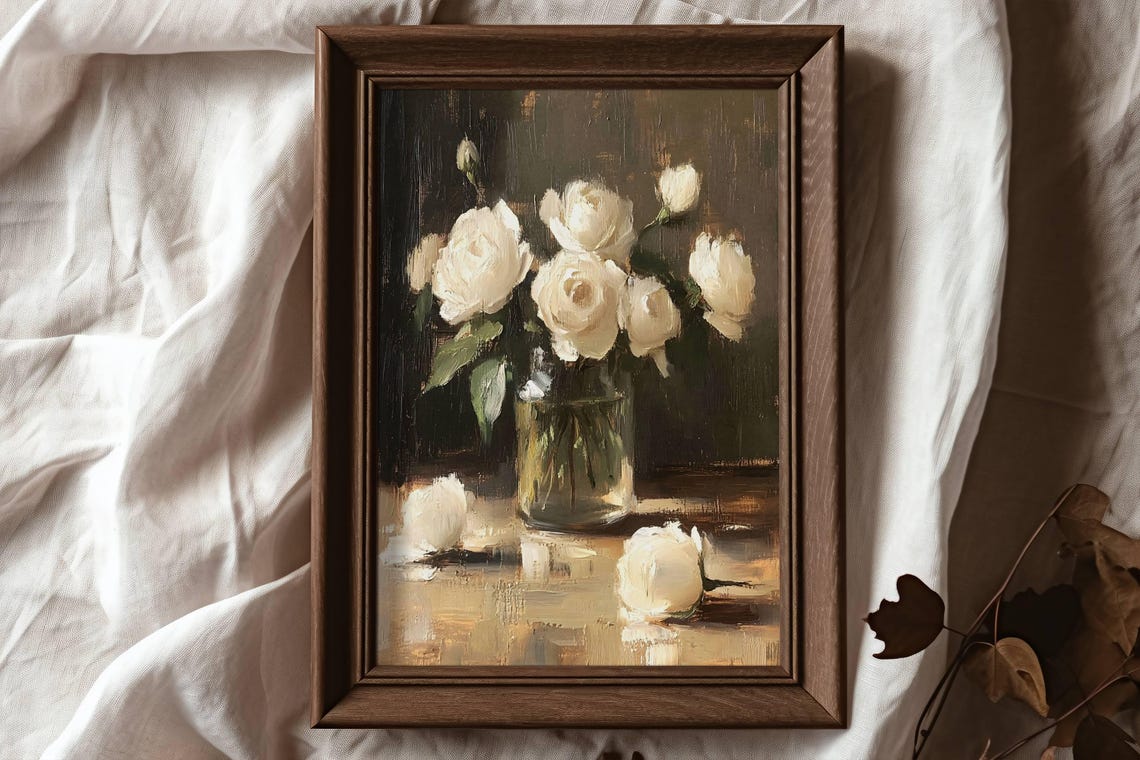 White Roses In Glass Vase Moody Dark Background Floral Poster - Image 6