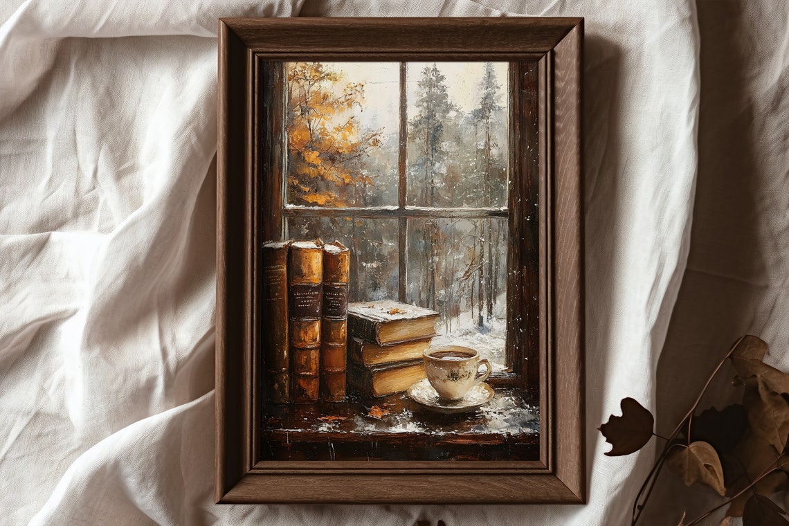 Books and Coffee Cup by Window Cozy Winter Library Painting Poster - Image 6