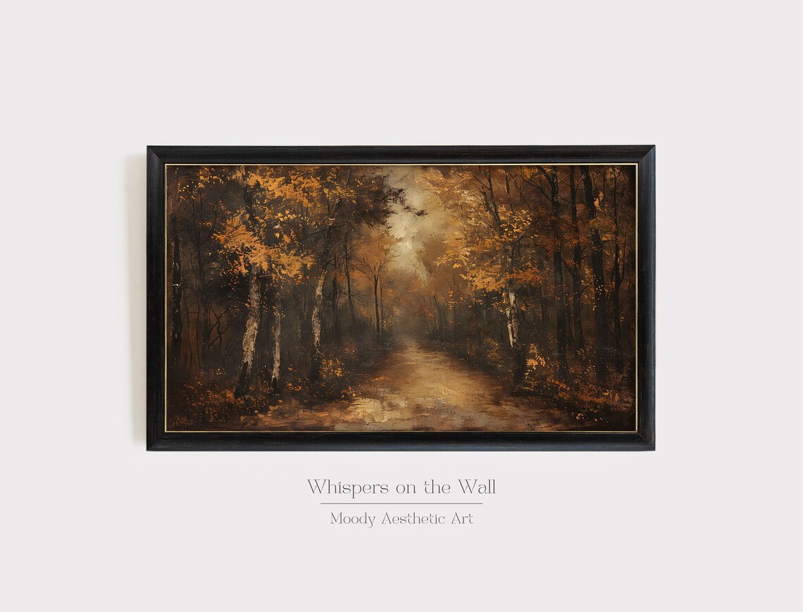 Moody Autumn Forest Path Golden Foliage Vintage Landscape Oil Poster - Image 3