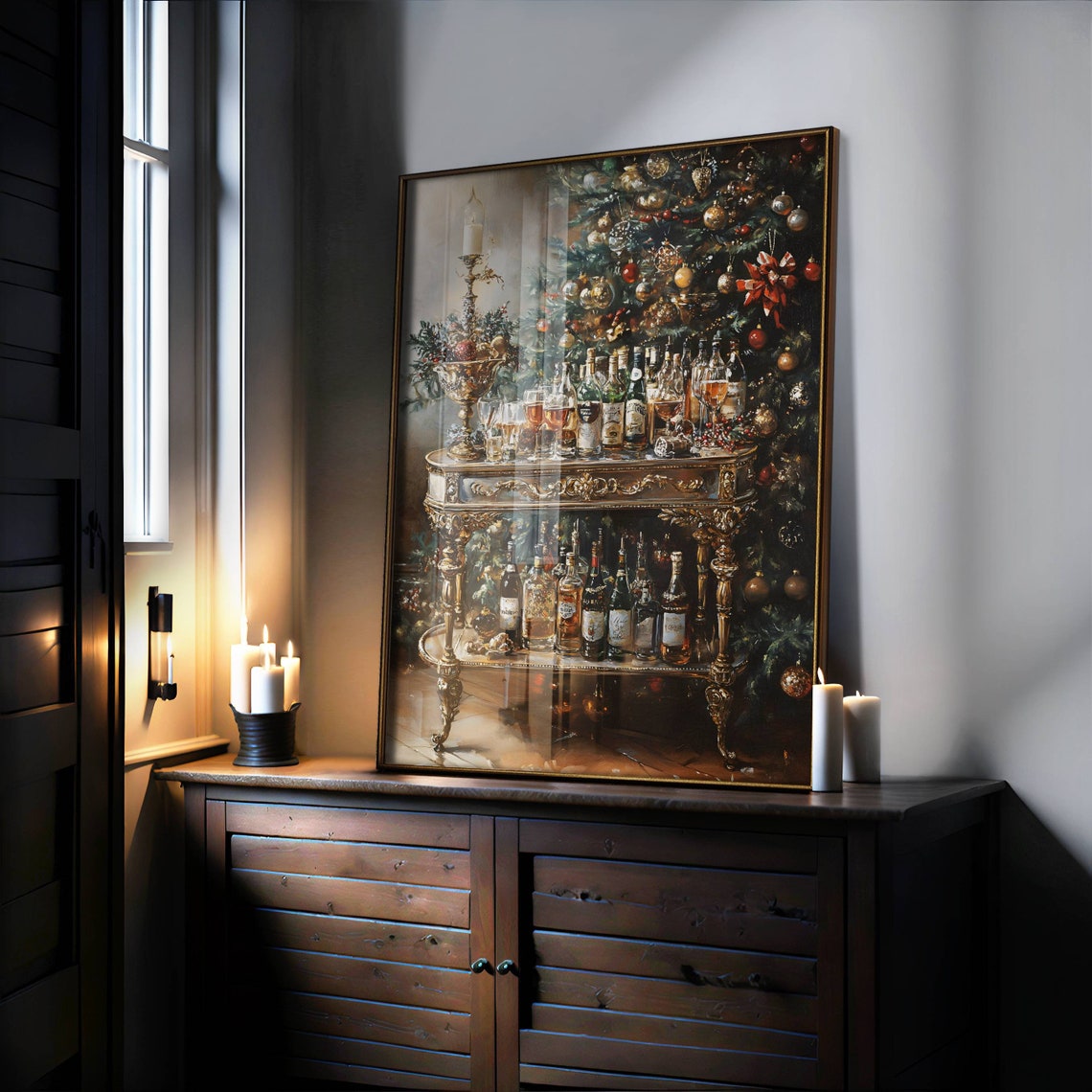 Christmas Bar Cart Wall Art Moody Xmas Oil Painting Art Bar Cart Decor Kitchen Art Print Winter Wall Art Moody Christmas Poster - Image 4