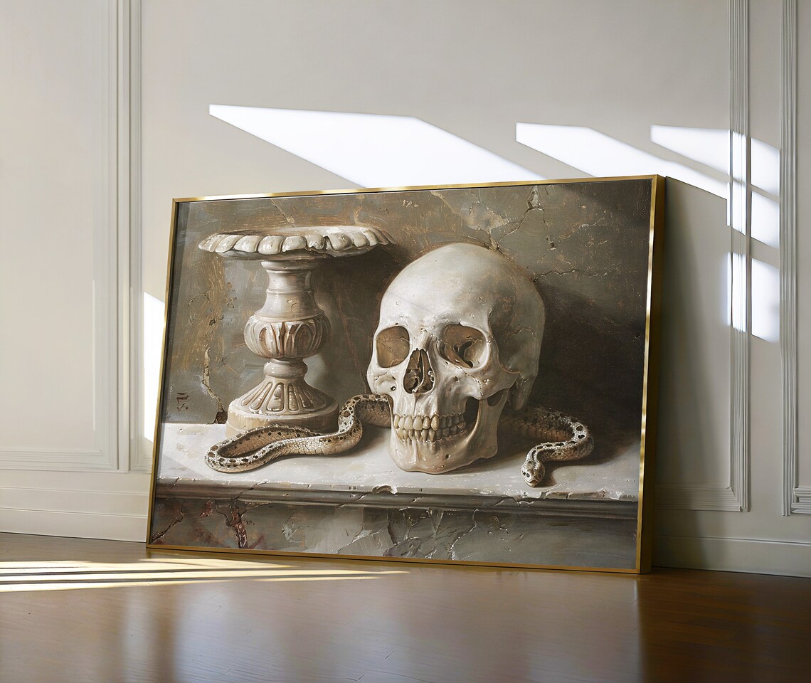 Skull and Snake Vanitas Spooky Halloween Classical Oil Painting Poster - Image 2