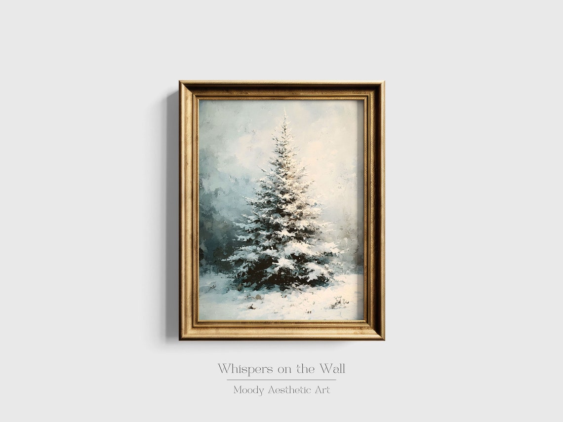 Snowy Pine Tree Winter Landscape Moody Christmas Painting Poster - Image 2