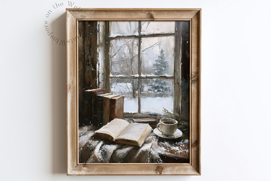 Open Book and Tea Cup by Snowy Window Winter Reading Nook Poster - Image 6