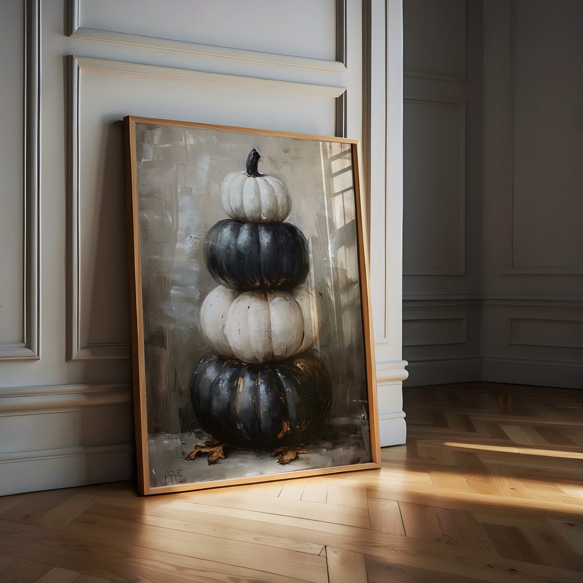 Tower of Stacked Black and White Pumpkins Fall Painting Poster - Image 6