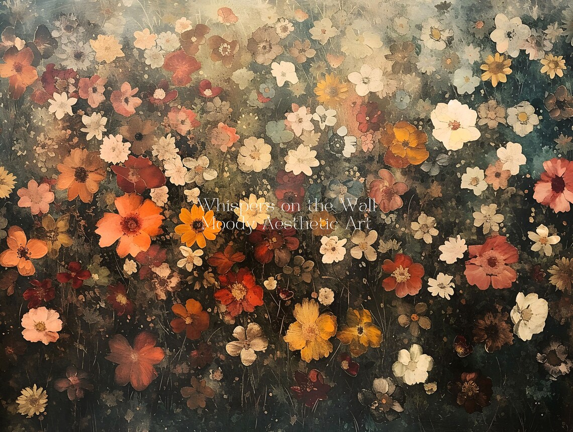 Dense Moody Floral Painting Orange And Red Blossoms On Dark Background Poster - Image 5