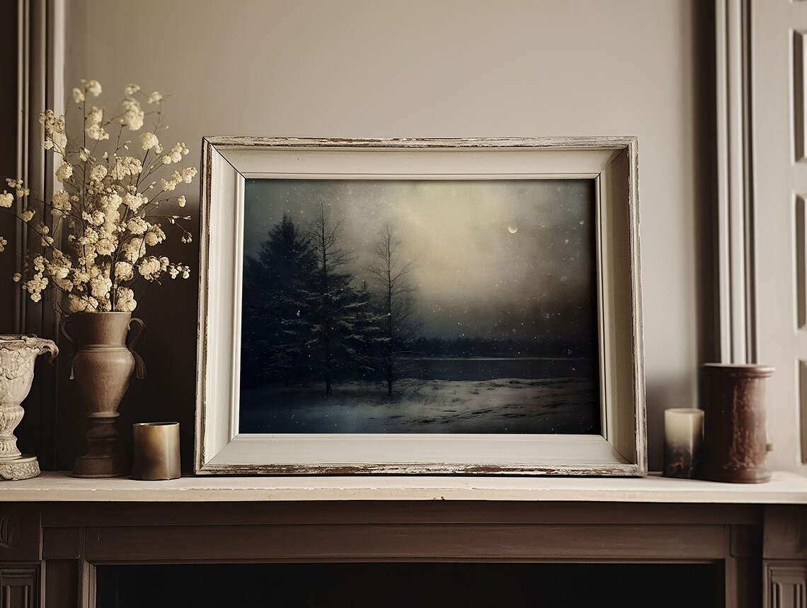 Moonlit Snowy Forest by Lake at Night Moody Winter Landscape Poster - Image 6