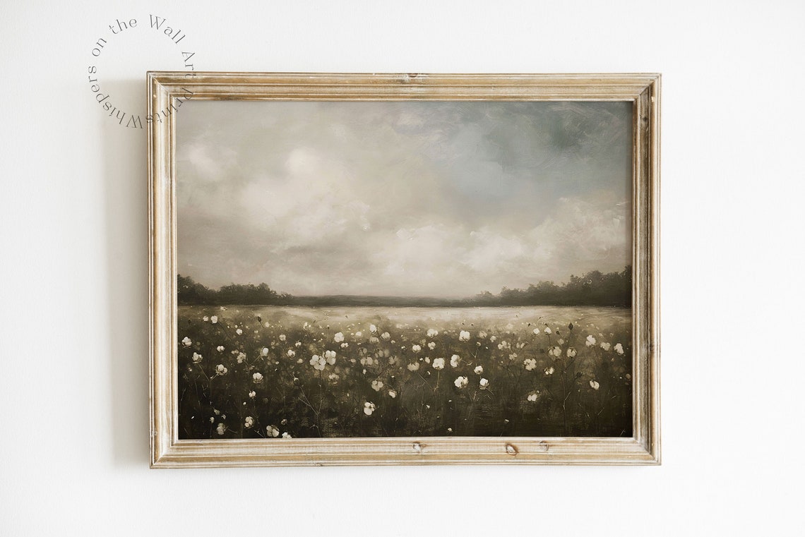 White Wildflowers Field Under Cloudy Sky Neutral Landscape Poster