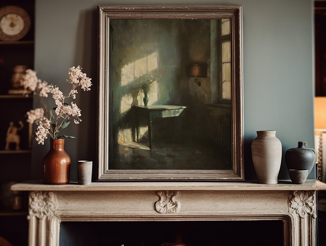 Sunlit Vintage Room Corner Moody Interior Painting With Table And Vase Poster - Image 3