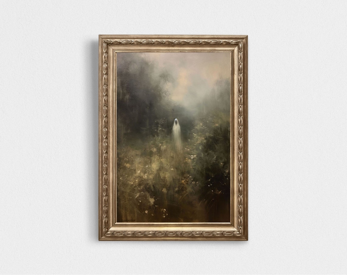 Spooky Ghost in Misty Wildflower Garden Moody Gothic Decor Poster - Image 2