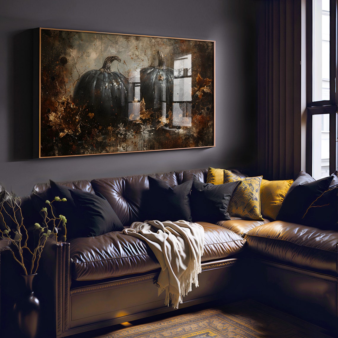 Two Black Pumpkins with Autumn Leaves Dark Fall Painting Poster - Image 2