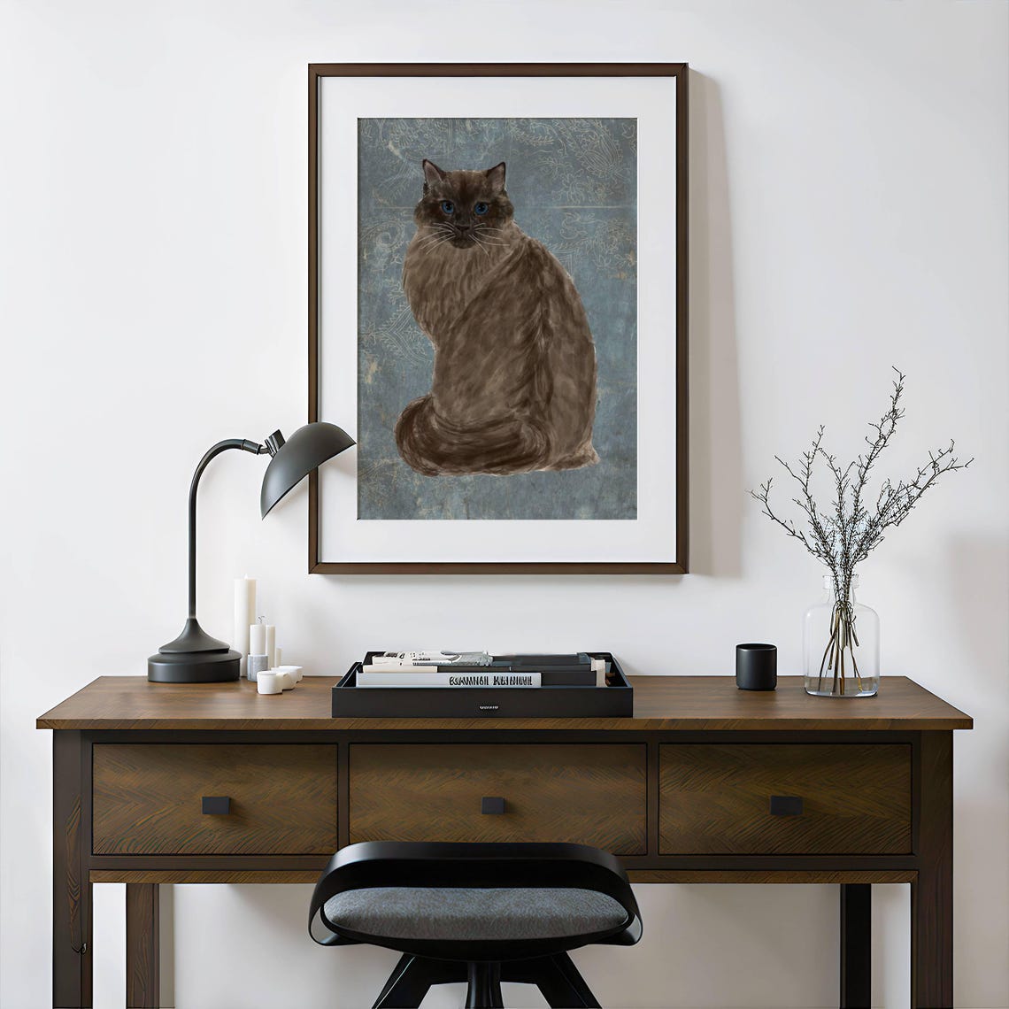 Fluffy Brown Longhair Cat Blue Eyes Vintage Damask Style Poster - Image 3