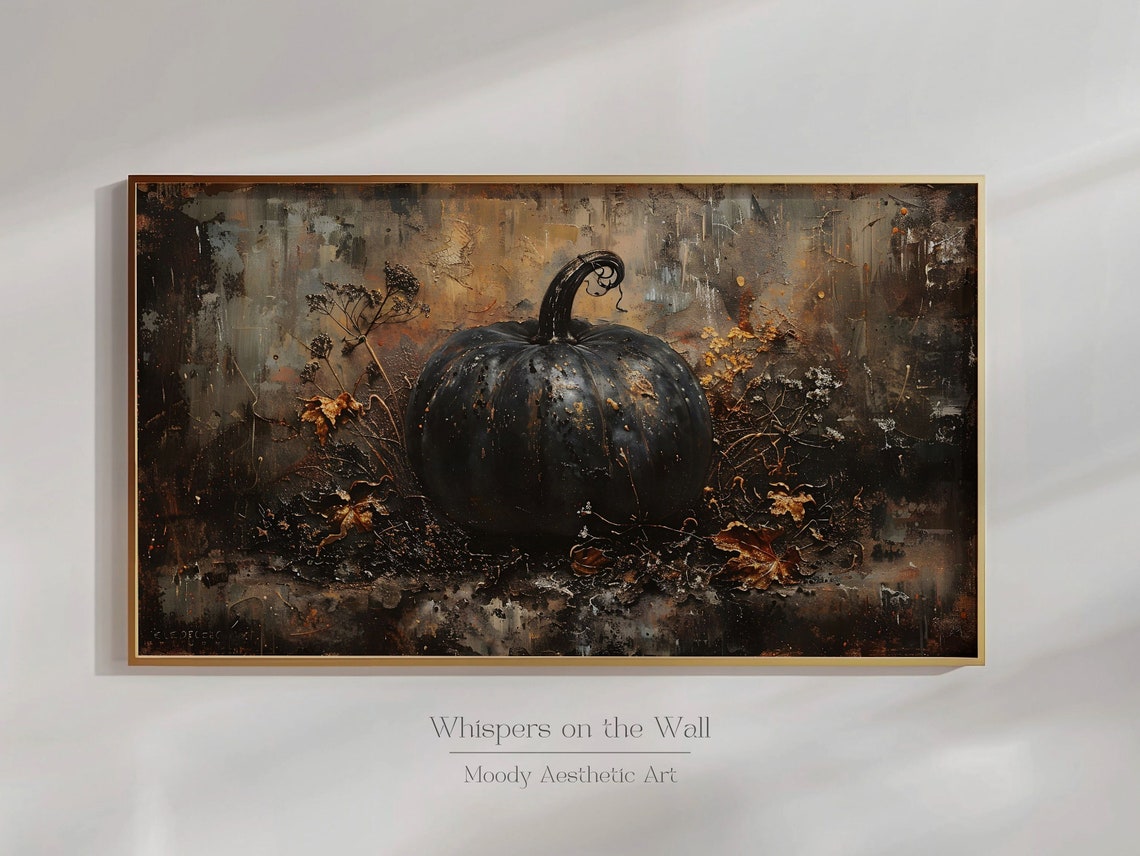 Single Black Pumpkin with Fall Foliage Dark Still Life Poster - Image 6