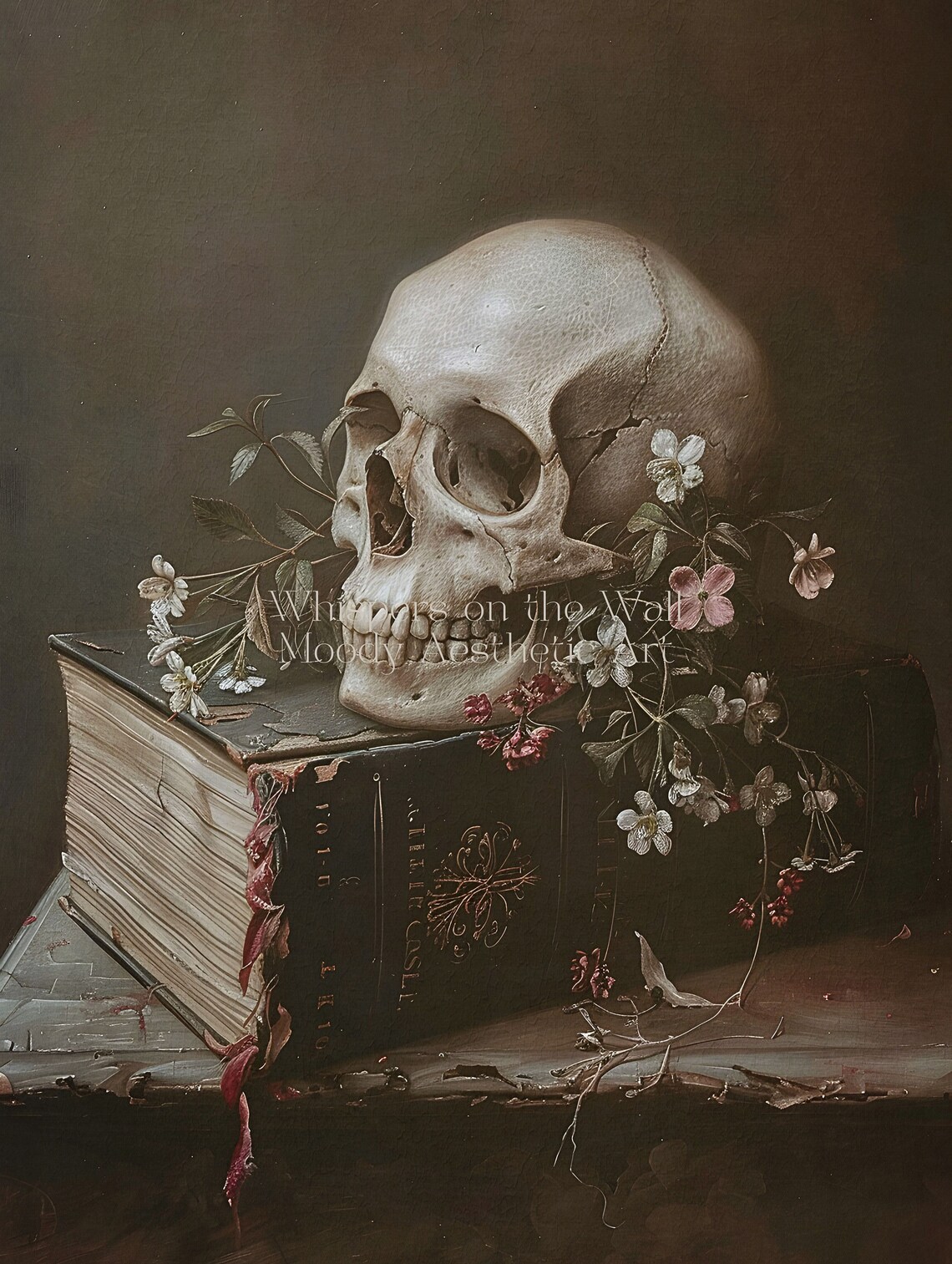 Memento Mori Skull On Antique Open Book With Delicate Flowers Still Life Poster - Image 5