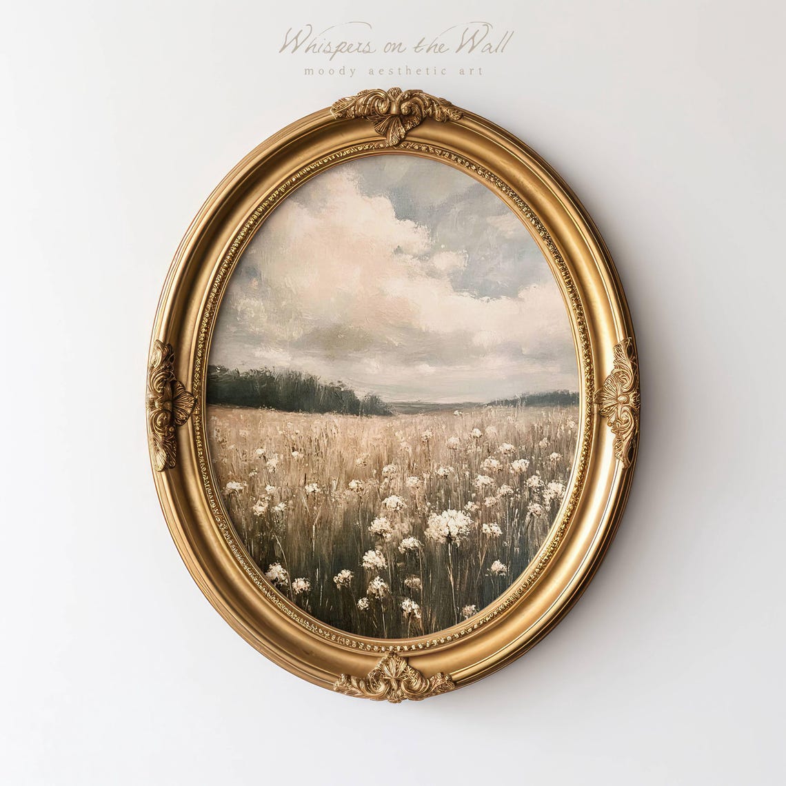 White Wildflower Field Under Moody Clouds Vintage Style Poster - Image 6