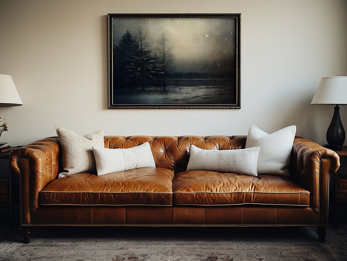 Moonlit Snowy Forest by Lake at Night Moody Winter Landscape Poster - Image 2