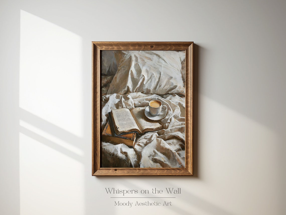 Open Book and Coffee Cup on White Bedding Oil Painting Poster - Image 5