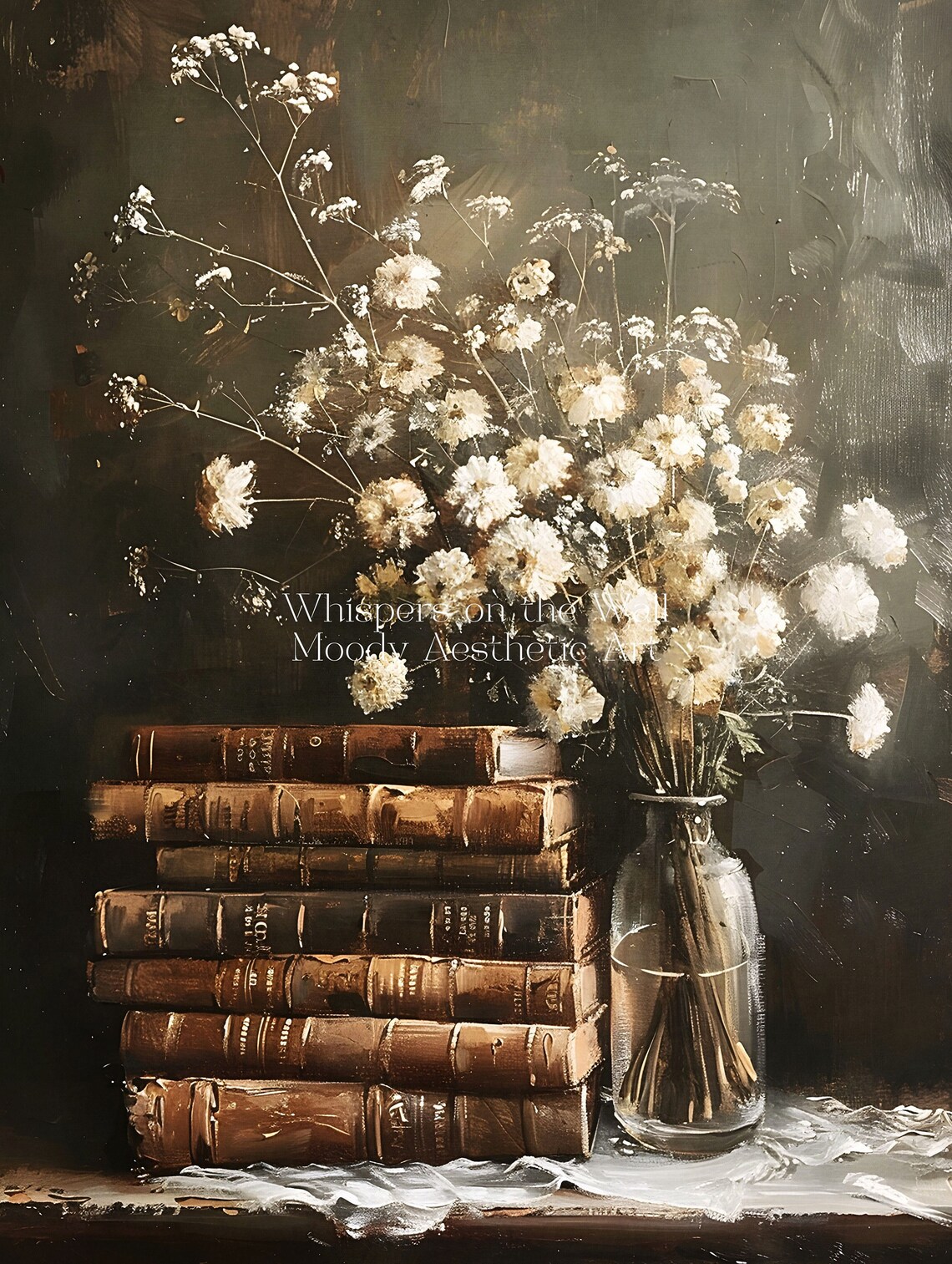 Antique Books and Wildflowers Moody Still Life Painting Poster - Image 5