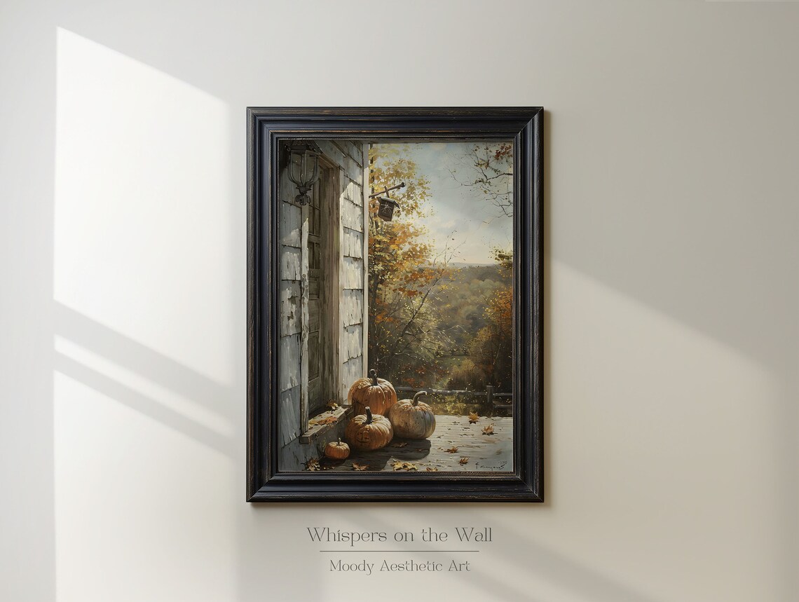 Pumpkins on Rustic Porch Autumn Cottage Oil Painting Fall Poster - Image 6