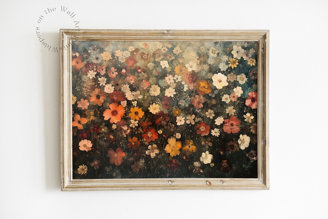 Dense Moody Floral Painting Orange And Red Blossoms On Dark Background Poster
