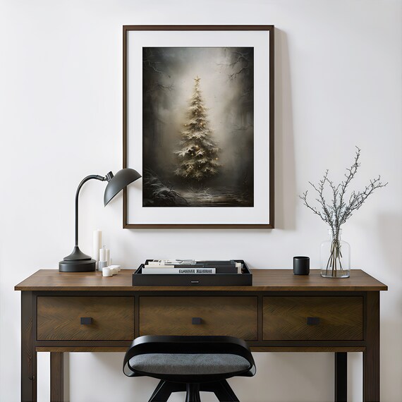 Whimsigoth Christmas Tree Wall Art Print Winter Holiday Decor Moody Xmas Painting Dark Cottagecore Art Print Living Room Art