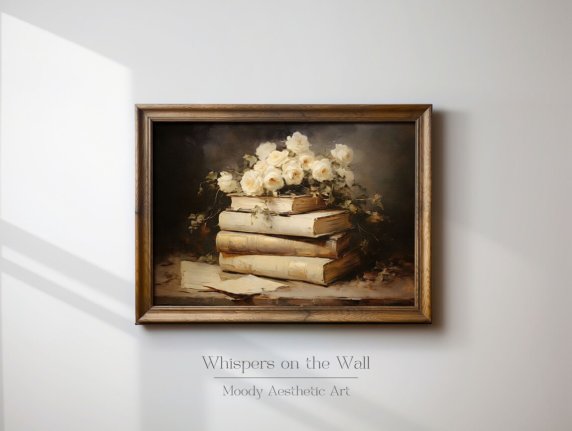 White Roses on Stack of Vintage Books Moody Still Life Poster - Image 2