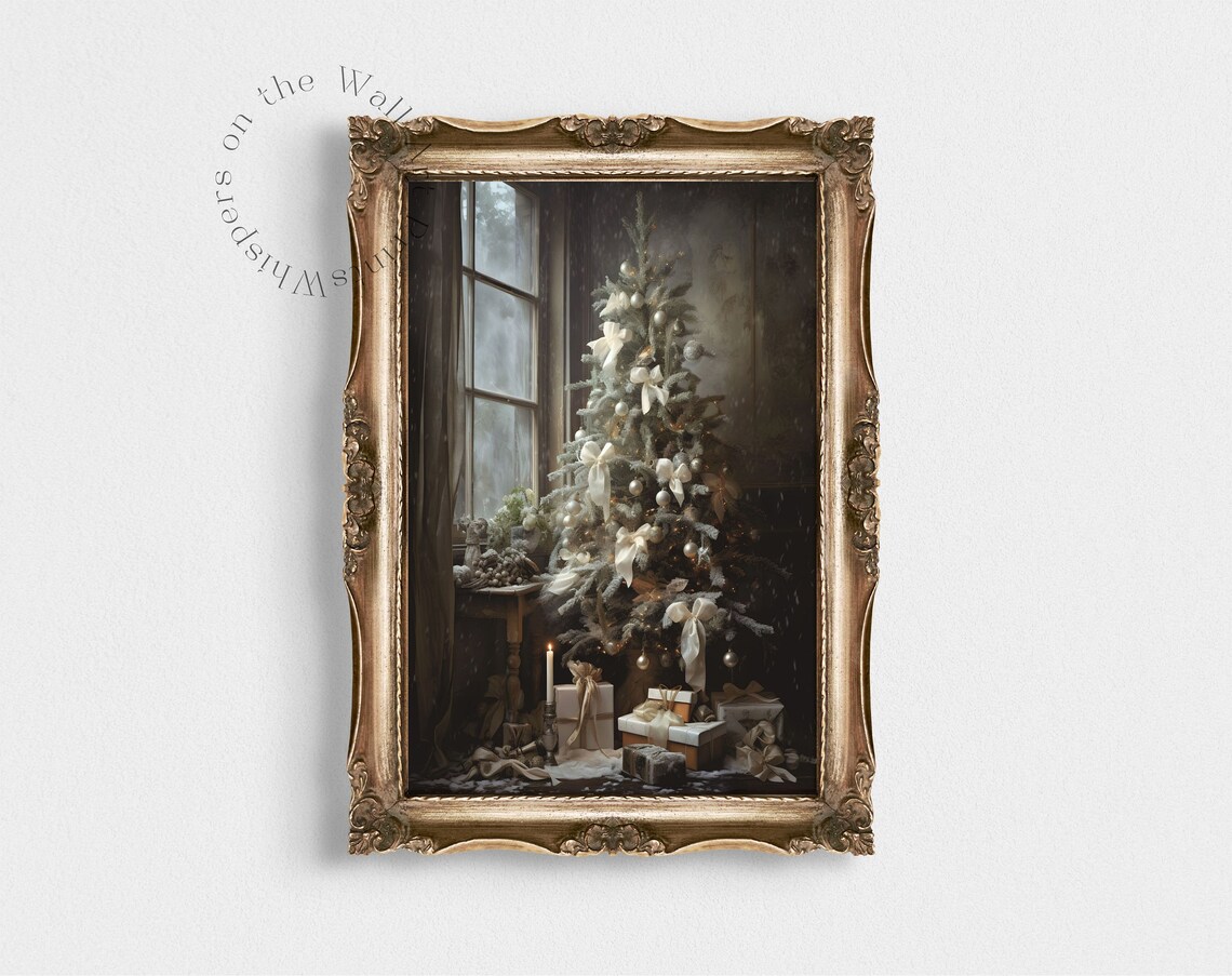 Vintage Christmas Tree Art Print, Moody Cottagecore