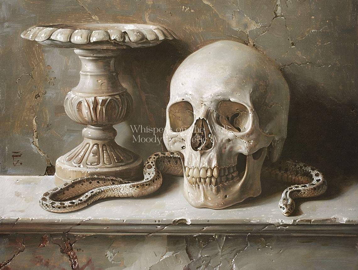 Skull and Snake Vanitas Spooky Halloween Classical Oil Painting Poster - Image 5