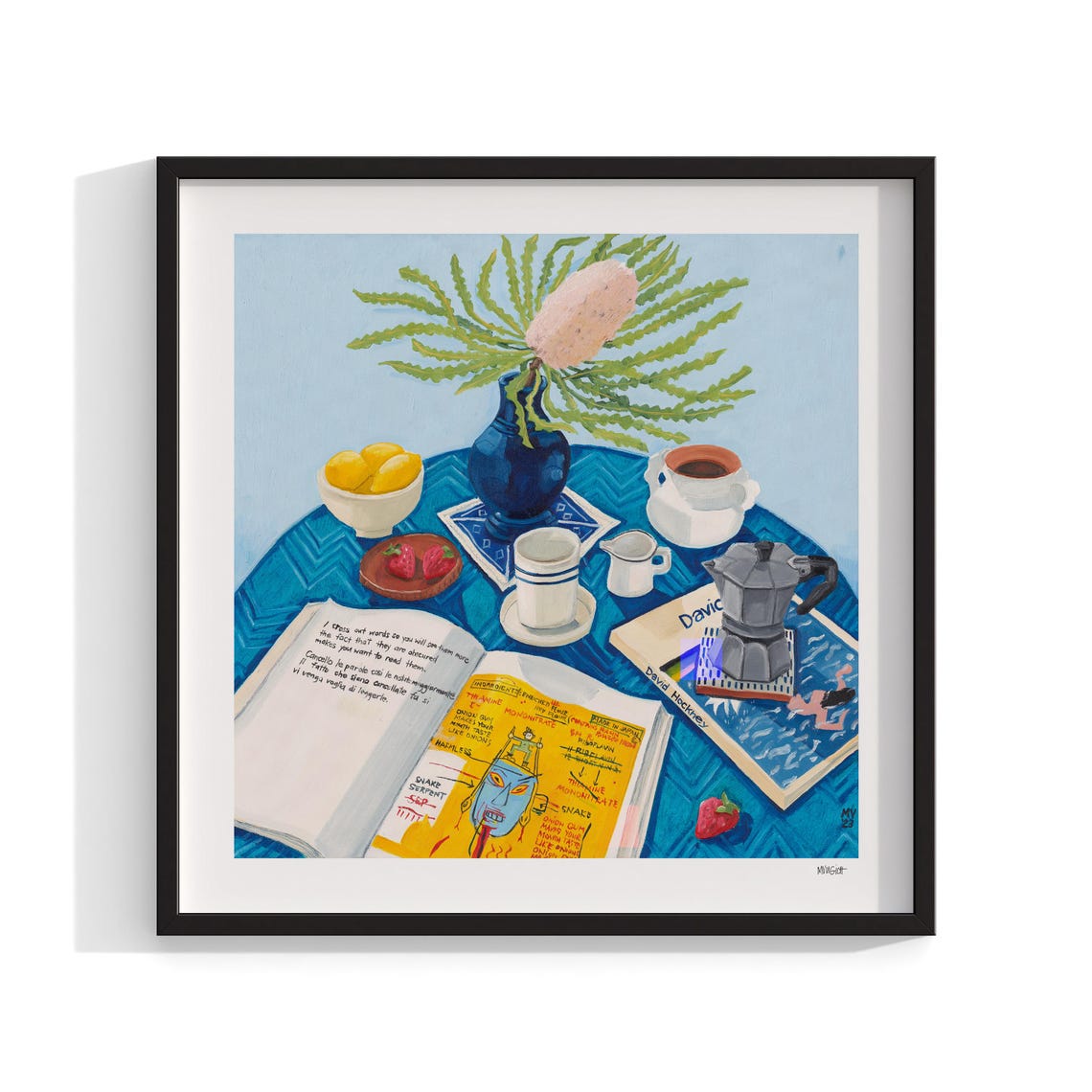 Lemons Banksia Blue Painting, Kitchen Decor Art Print