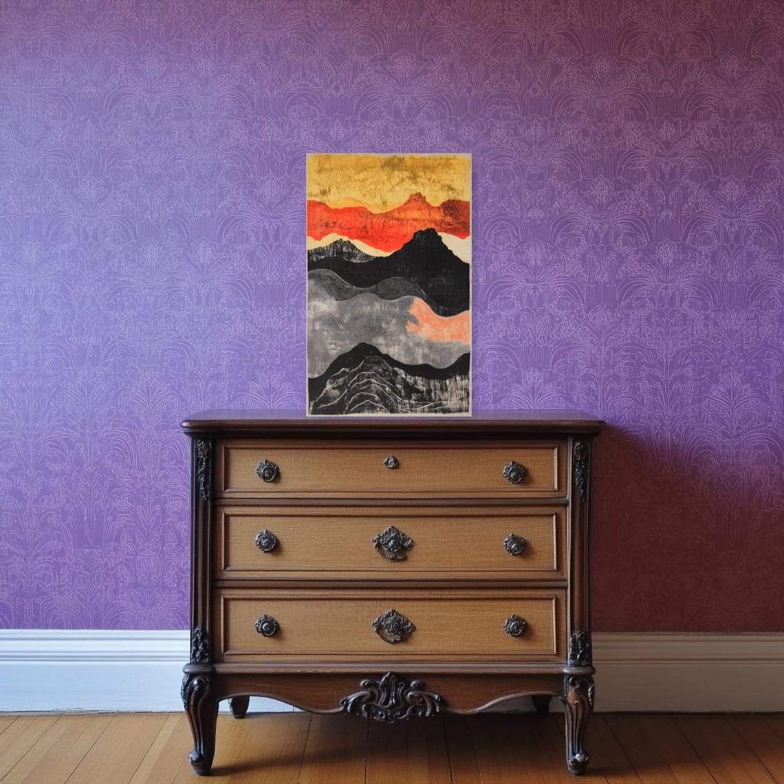 Dramatic Mountain Landscape Print Inspired By Abstract Expressionism In Bold Red Black And Gold Tones - Image 2