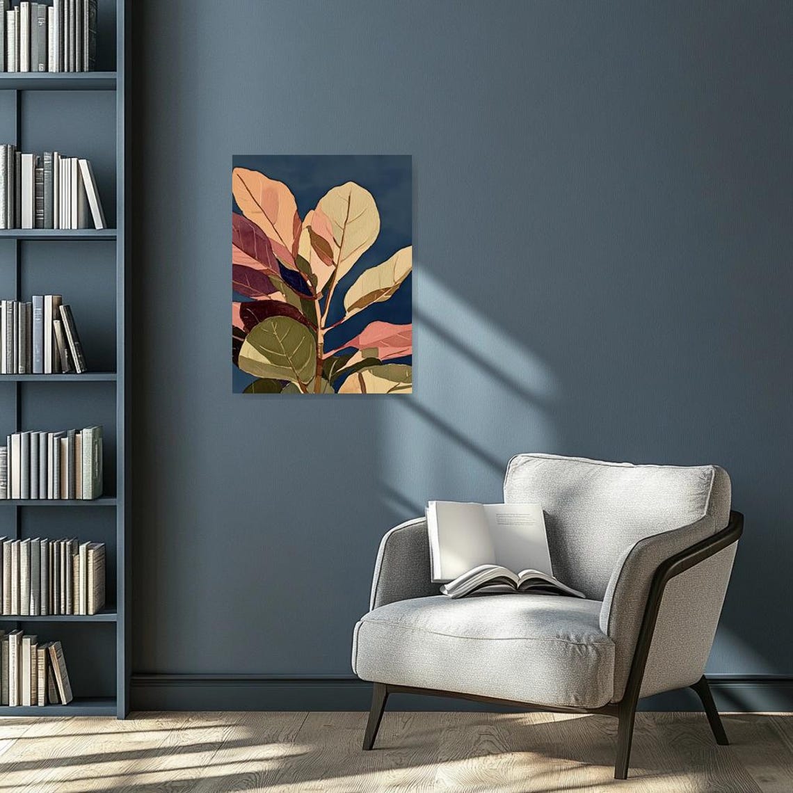 Tropical Leaf Study on a Deep Navy Blue Background Scene Poster - Image 4