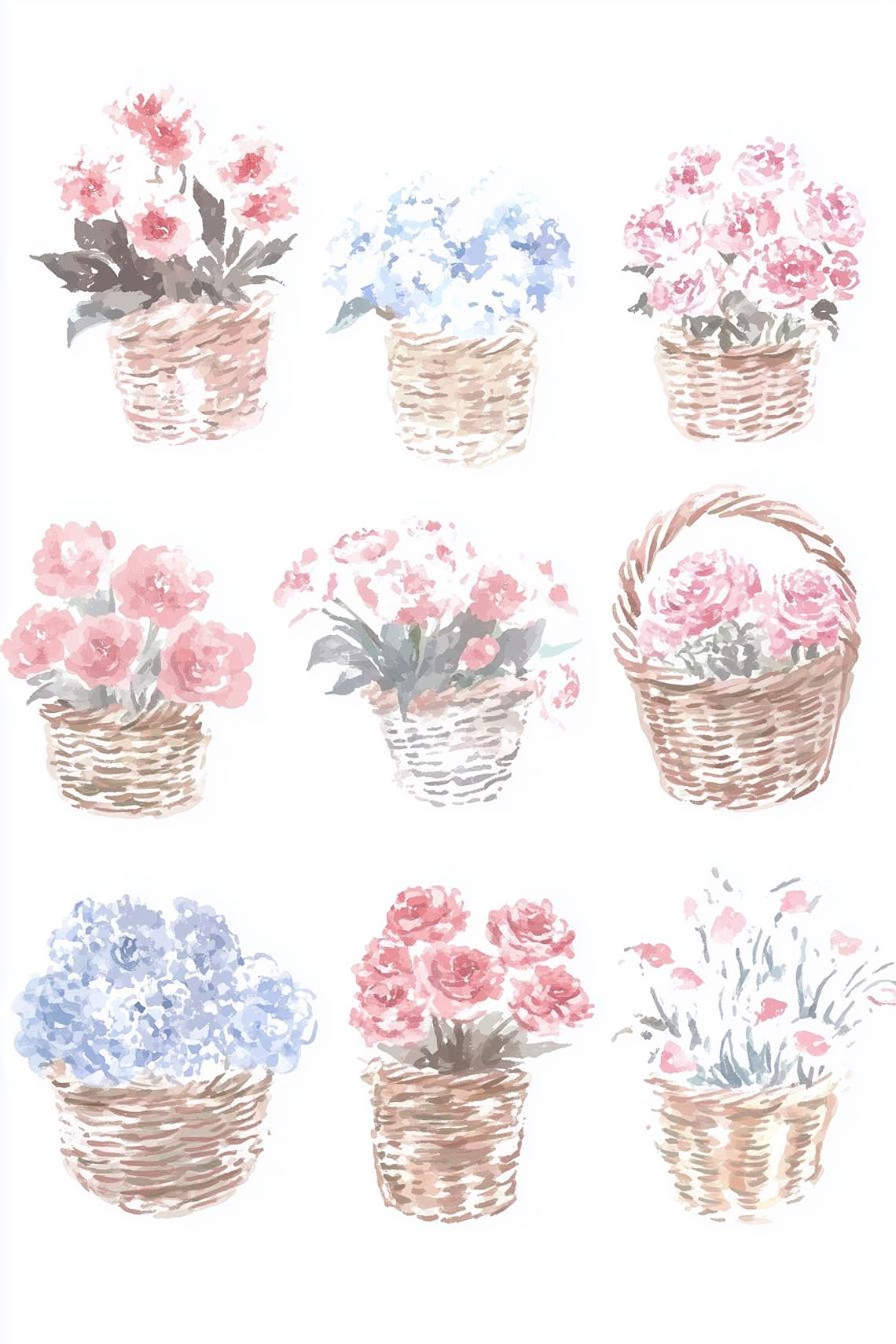 Nine Watercolor Flower Baskets in a Grid Botanical Scene Poster