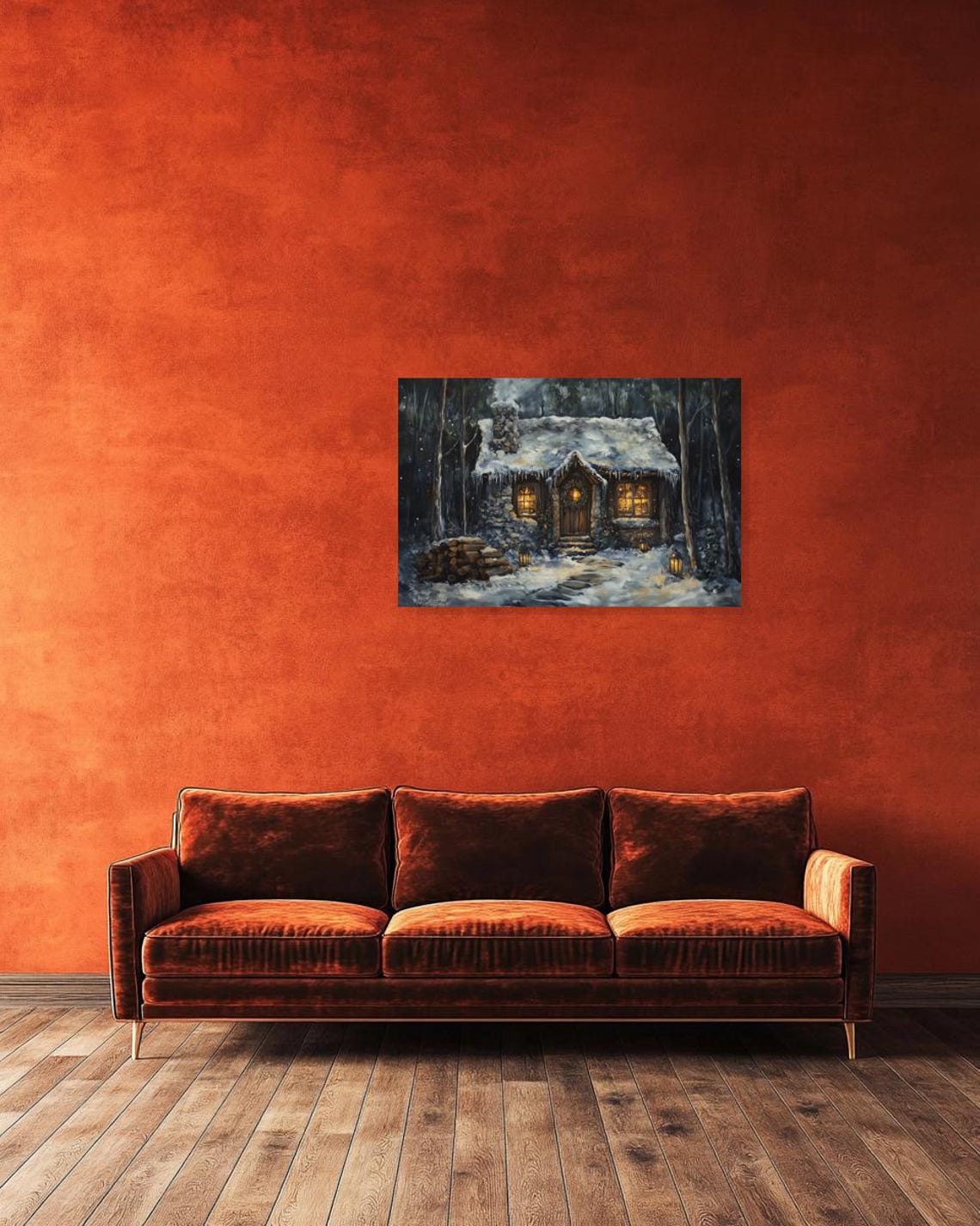 Snowy Stone Cabin Glowing Windows Dark Winter Night Hygge Poster - Image 3