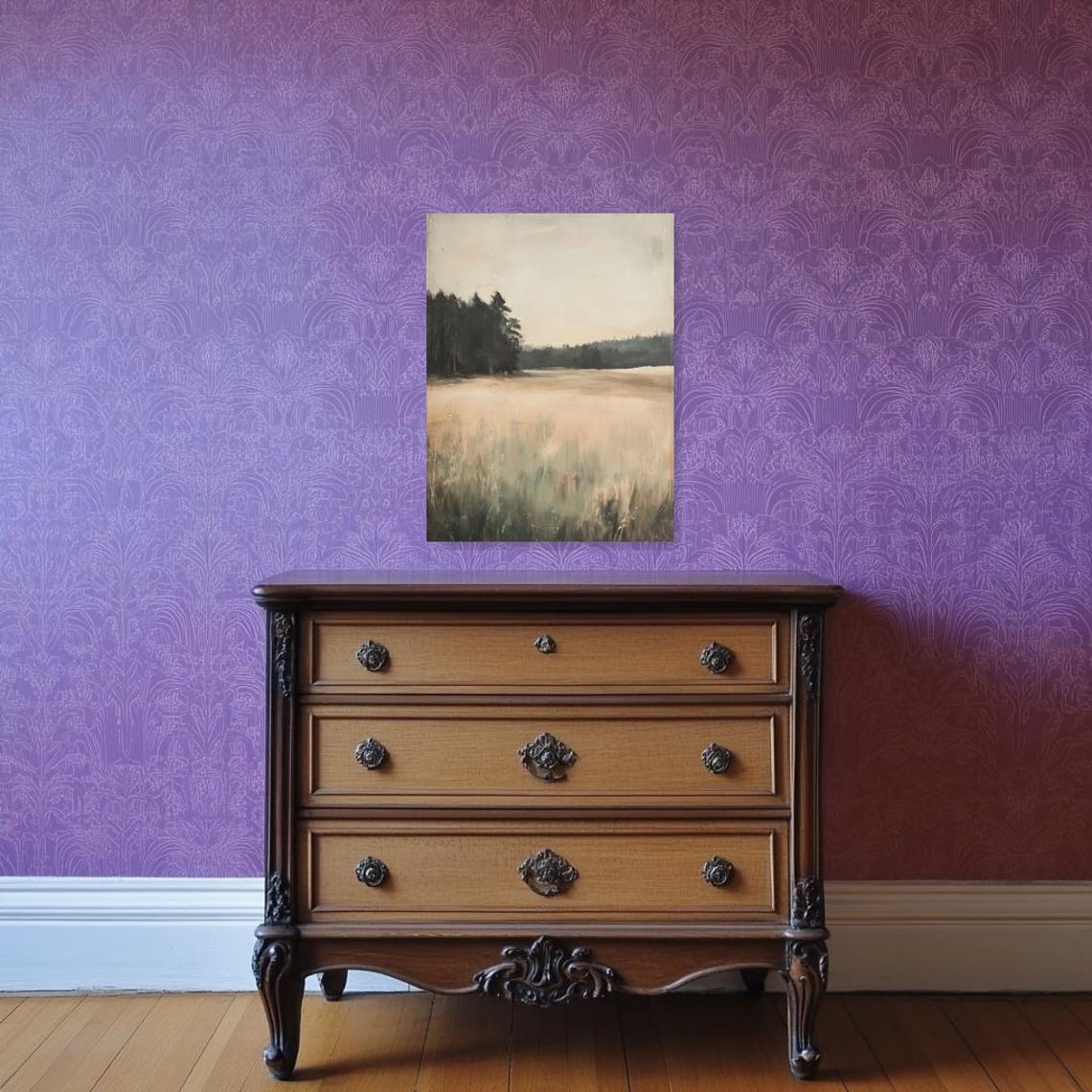 Serene Misty Meadow Soft Beige Tones Minimalist Landscape Poster - Image 2